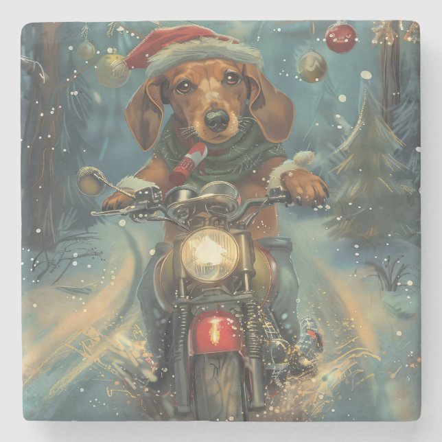 Dachshund Hund Riding Motorcykel jul Stenunderlägg (Framsidan)
