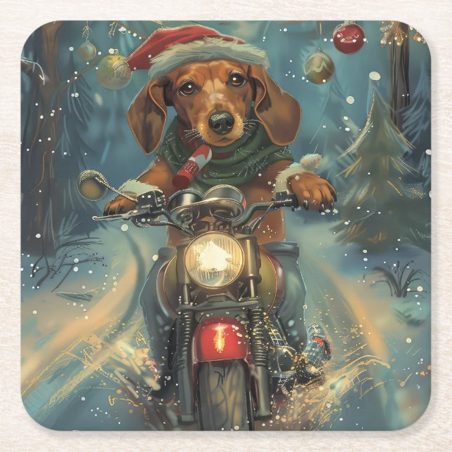 Dachshund Hund Riding Motorcykel jul Underlägg Papper Kvadrat (Framsidan)