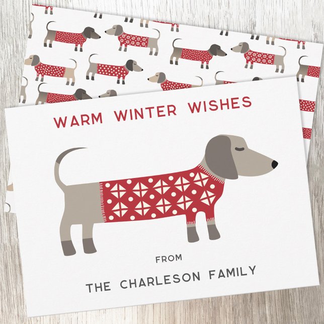 Dachshund Hund Rolig  Julkort (Dachshund Sausage or Wiener Dog in red and white cosy knitwear for a fun Christmas holiday card)