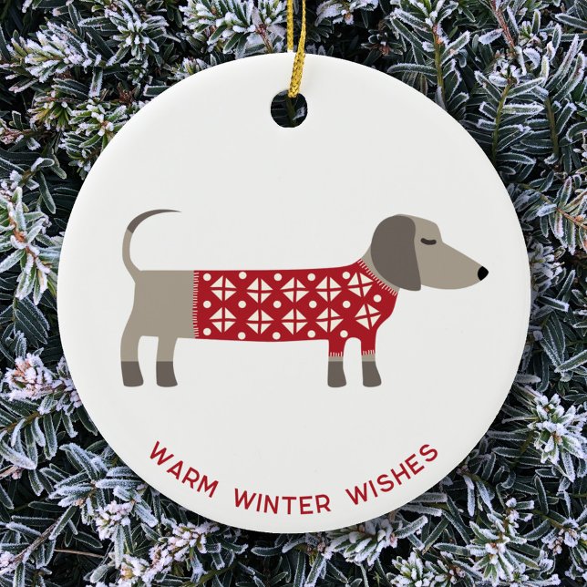 Dachshund Hund Roligt Julgransprydnad Keramik (Ceramic ornament featuring festive Dachshund Sausage Wiener Dog in red and white knitwear)