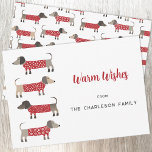 Dachshund Hund Roligt Julkort<br><div class="desc">Cute and adsible Dachshund Sause eller Wiener hundar i rött och vitt stickade svettare. Ändra namn och hälsning till att anpassa sig. Omvänd har en matchande mönster. Originalkonst av Nic Squirrell.</div>