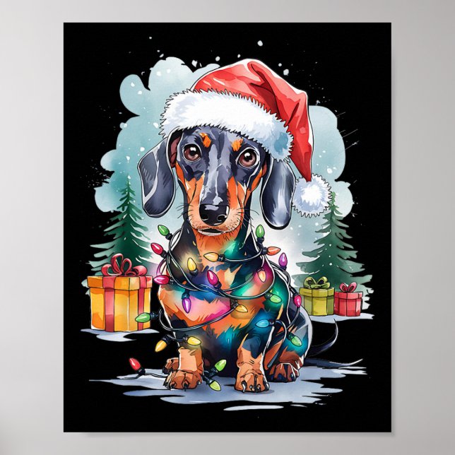 Dachshund Hund Santa Hat jul Ljus Träd Wint Poster (Framsidan)