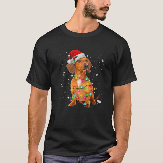 Dachshund Hund Santa Hat med Ljus Snowy Christma T Shirt (Framsida)