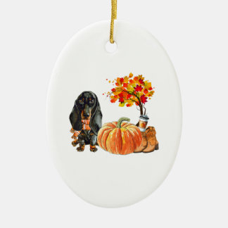 Dachshund Hund Scarf Pumpkin Höst löv Fall Julgransprydnad Keramik