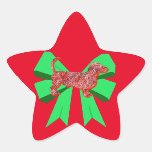 Dachshund Hund Silhouette Red & Grönt Bow Jul Stjärnformat Klistermärke