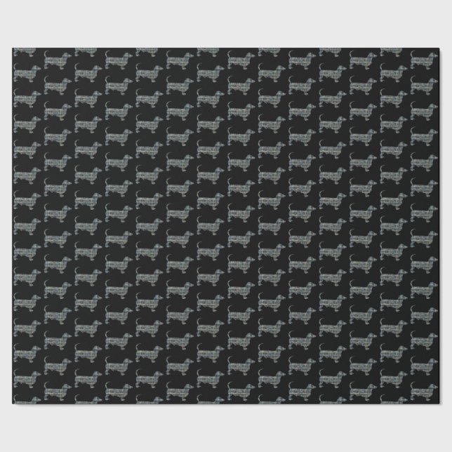 Dachshund Hund Silhouette Y&B Grid Black Gift Presentpapper (Seam)
