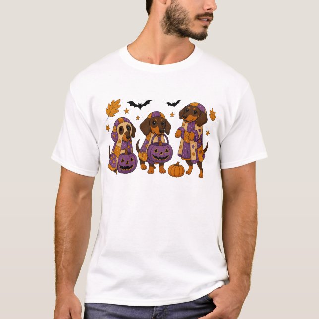 Dachshund Hund Spöke Halloween T Shirt (Framsida)