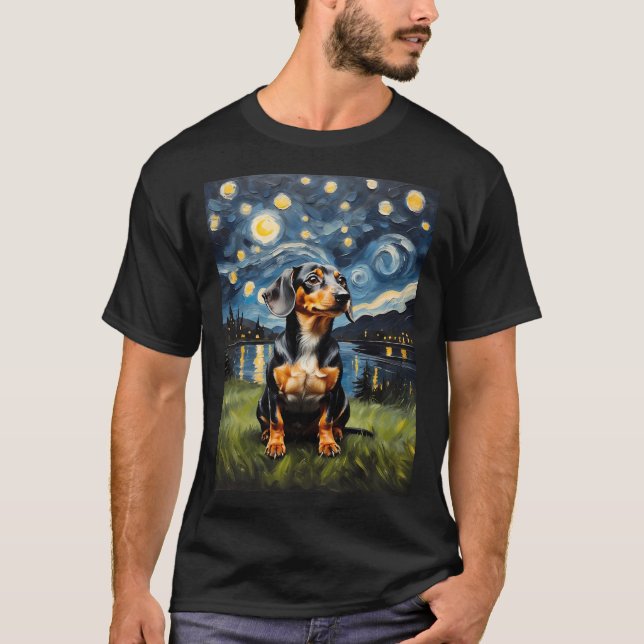 Dachshund hund Starry Night, Edvard Munch stil T Shirt (Framsida)