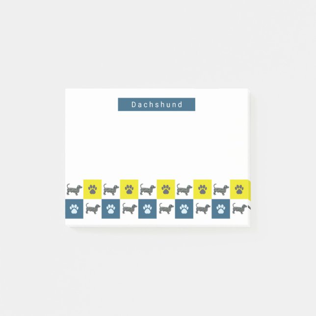 Dachshund Hund & Tass Gult & Blue Grid Post-it Block (Framsida)