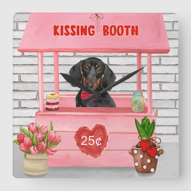 Dachshund Hund Valentine Day Kissing Booth Fyrkantig Klocka (Framsida)