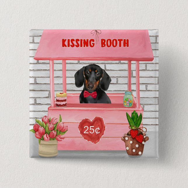 Dachshund Hund Valentine Day Kissing Booth Knapp (Framsida)