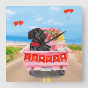 Dachshund Hund Valentine Day Lastbil Hearts Fyrkantig Klocka