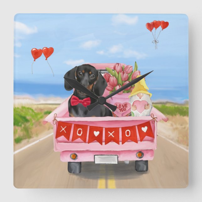 Dachshund Hund Valentine Day Lastbil Hearts Fyrkantig Klocka (Framsida)
