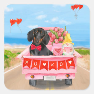 Dachshund Hund Valentine Day Lastbil Hearts Fyrkantigt Klistermärke