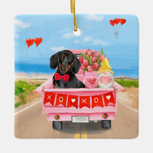 Dachshund Hund Valentine Day Lastbil Hearts Julgransprydnad Keramik
