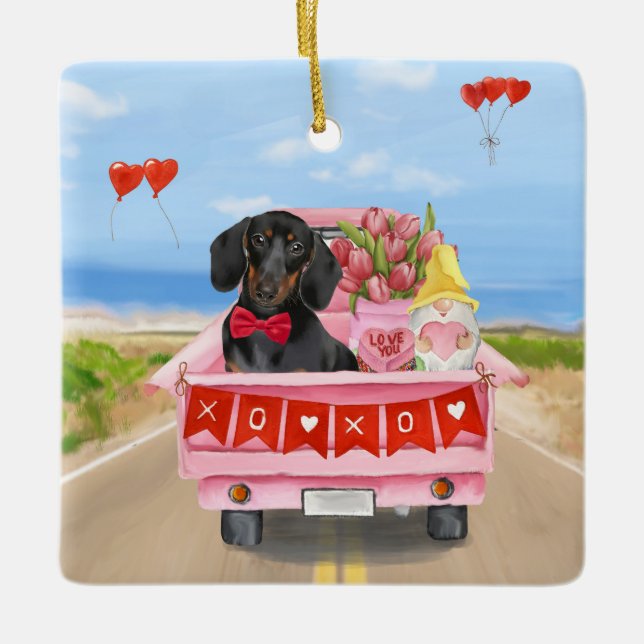Dachshund Hund Valentine Day Lastbil Hearts Julgransprydnad Keramik (Framsida)