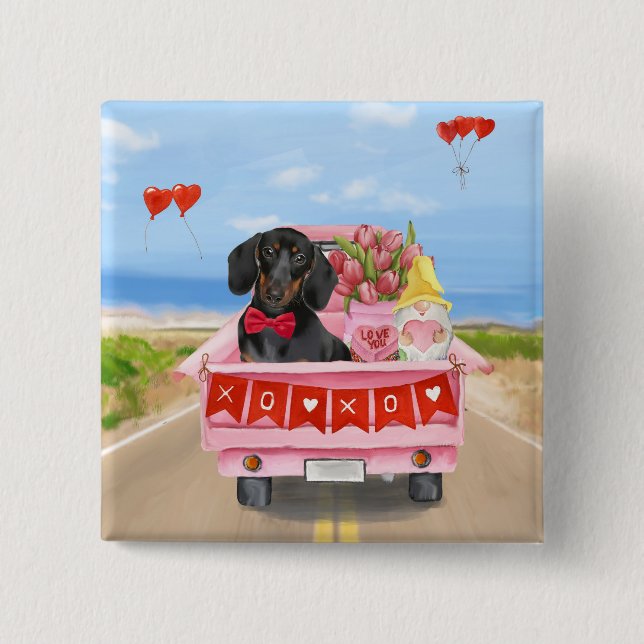 Dachshund Hund Valentine Day Lastbil Hearts Knapp (Framsida)