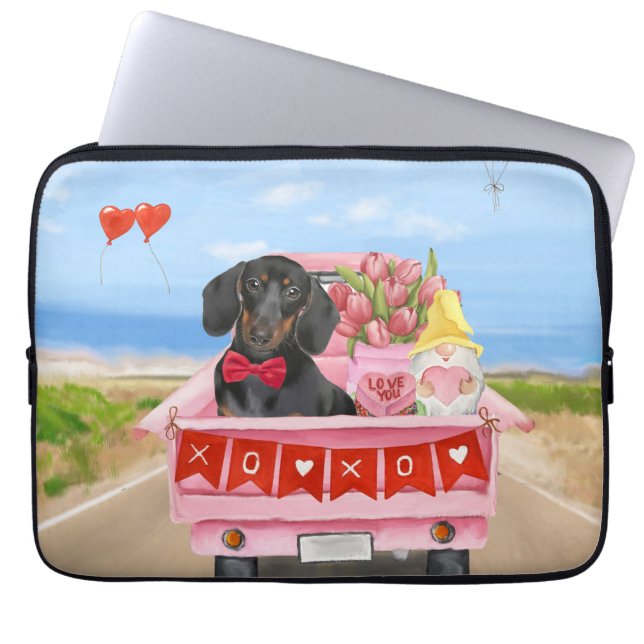 Dachshund Hund Valentine Day Lastbil Hearts Laptop Fodral (Framsidan)