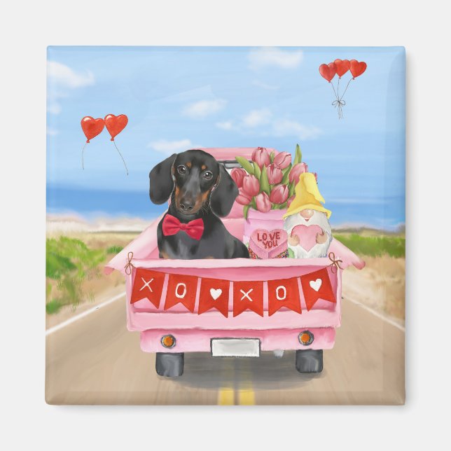 Dachshund Hund Valentine Day Lastbil Hearts Magnet (Framsidan)