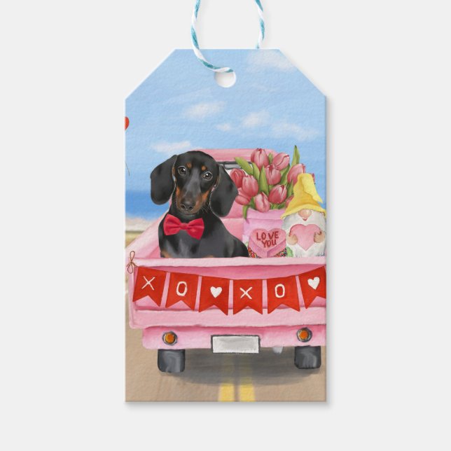 Dachshund Hund Valentine Day Lastbil Hearts Presentetikett (Framsidan)
