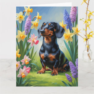 Dachshund Hund Vårblommor Målning Kort