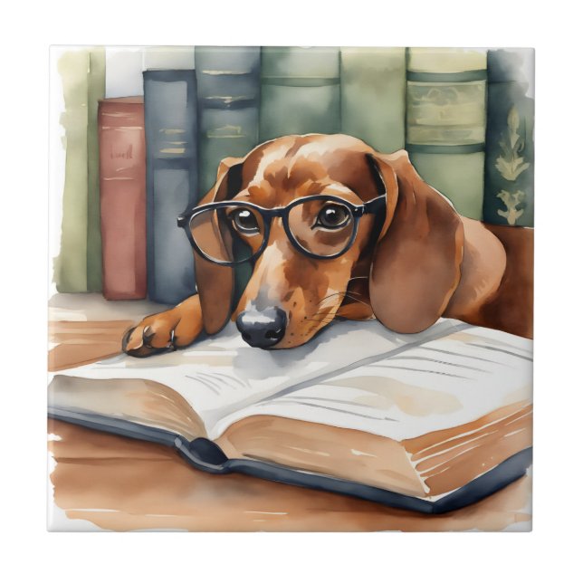 Dachshund Hund Vintage Vattenfärg Kakelplatta (Framsidan)