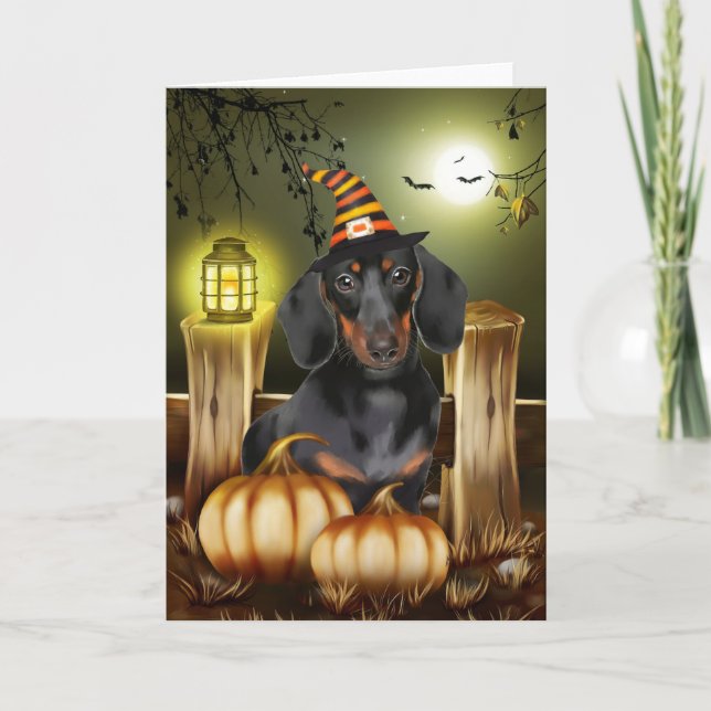 Dachshund Hund with Witch Hat Halloween Gift Idea Kort (Framsida)