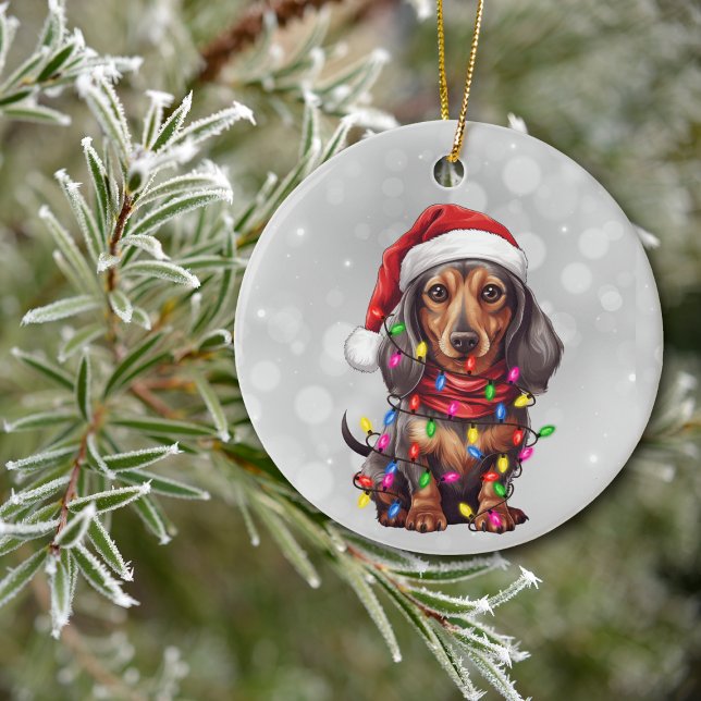 Dachshund Hund Wrapped in jul Ljus Julgransprydnad Keramik (Skapare uppladdad)