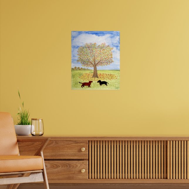 Dachshund Hundar Autumn Träd Walk Poster (Vardagsrum 2)