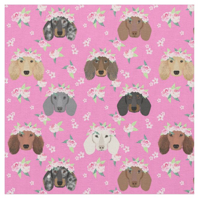 Dachshund hundar blommigt krona rosa tyg (Närbild)
