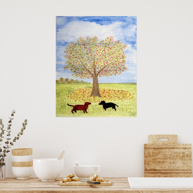 Dachshund Hundar Höst Träd Promenad Poster (Kök)