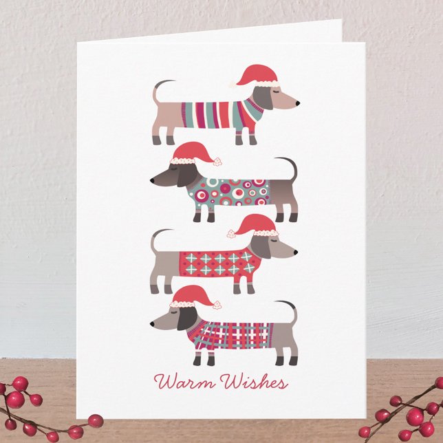 Dachshund Hundar i jultomten jul Anteckningskort (Dachshund Dogs in Santa Hats fun personalized greetings card for Christmas or the Winter Holidays)