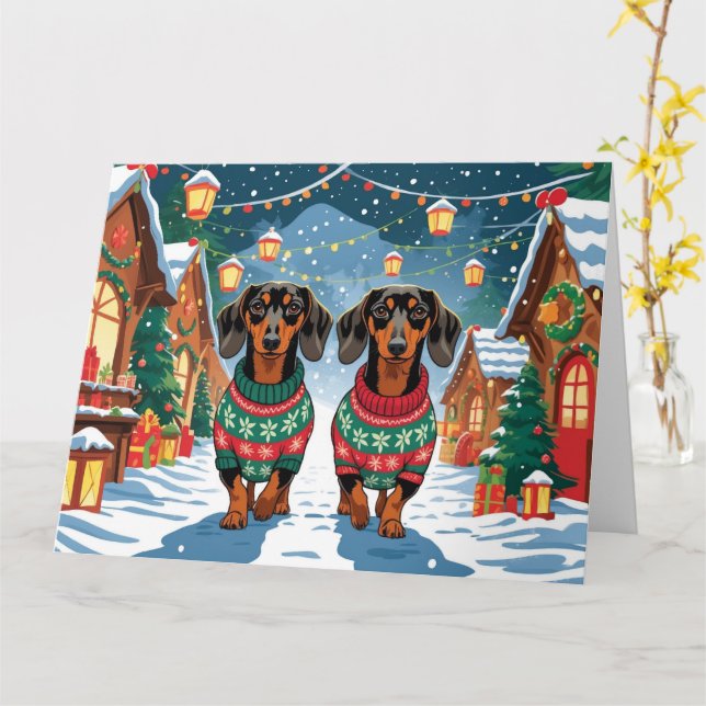 Dachshund Hundar jul Snö Helgdag Kort (Gul blomma)