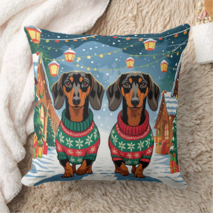 Dachshund Hundar Jul Snö Högtid Kudde