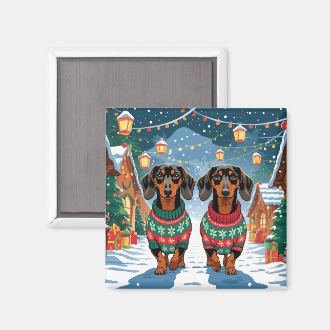 Dachshund Hundar Jul Snö Högtid Magnet (Front/Back)