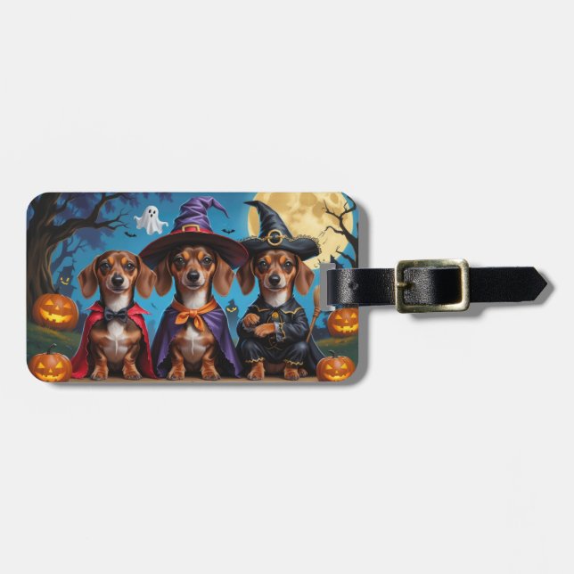Dachshund Hundar Pumpkin Halloween Funny Bagagebricka (Horisontell Framsida)