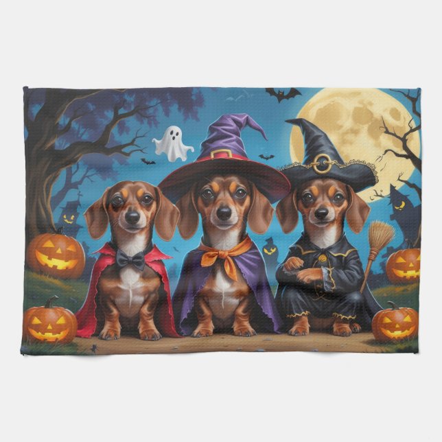 Dachshund Hundar Pumpkin Halloween Funny Kökshandduk (Horisontell)