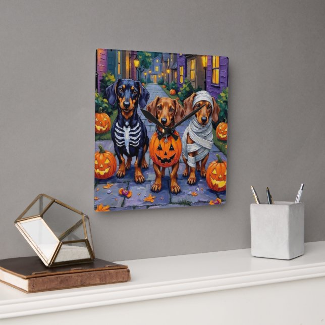 Dachshund Hundar som går på Halloweentrick-or-trea Fyrkantig Klocka (Kontor)