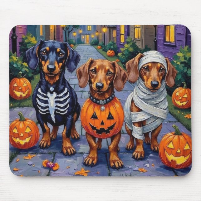 Dachshund Hundar som söker godis på Halloween Musmatta (Framsidan)