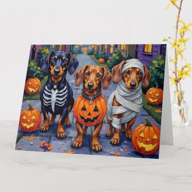 Dachshund Hundar Trick-or-Treating in Halloween Kort (Gul blomma)