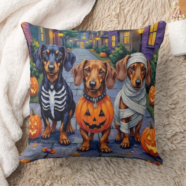 Dachshund Hundar Trick-or-Treating in Halloween Kudde (Filt)