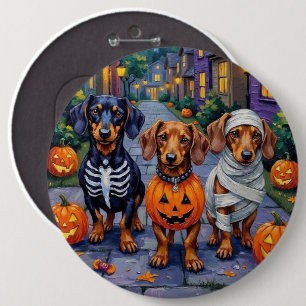 Dachshund hundar trick-or-treating på Halloween Knapp