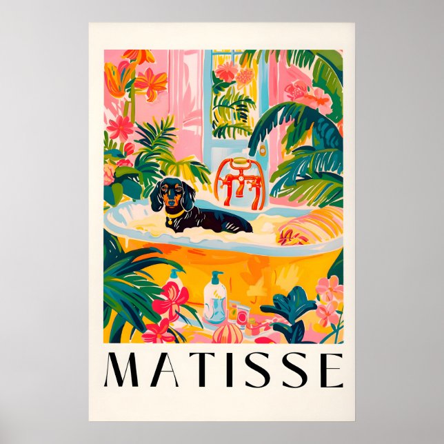 Dachshund i badkar Tryck Rolig Matisse Stil Hund (Framsidan)