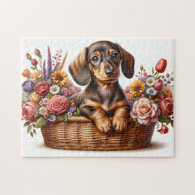 Dachshund i blommor pussel (Horisontell)