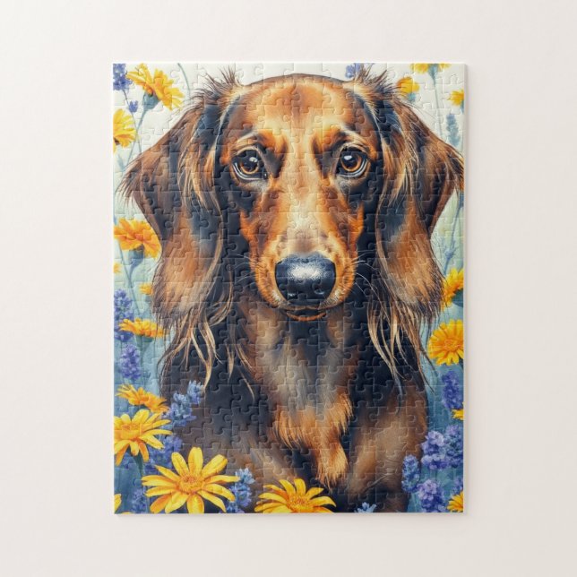 Dachshund i Blomsterträdgården Pussel (Vertikal)