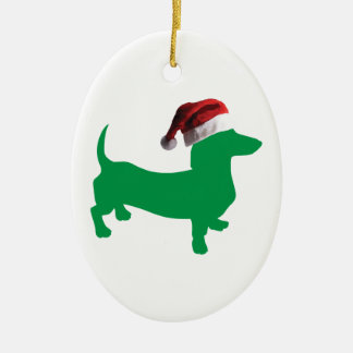 Dachshund i Grönt med Jultomten Hat Julgransprydnad Keramik