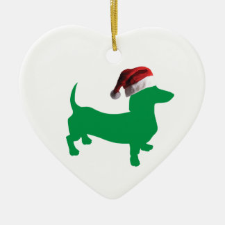 Dachshund i Grönt med Jultomten Hat Julgransprydnad Keramik