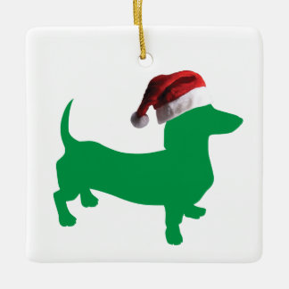 Dachshund i Grönt med Jultomten hatt Julgransprydnad Keramik