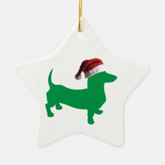 Dachshund i Grönt med tomten Hat Julgransprydnad Keramik