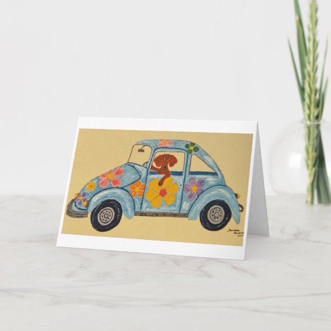 Dachshund i hippiebil kort (Framsida)